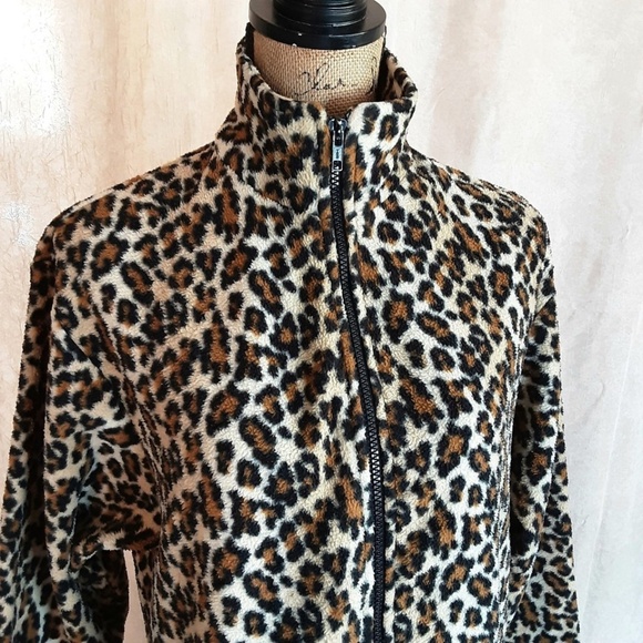 Leopard Print Full Zip Long Cozy Fleece Robe with Pockets Black Brown Tan Size S - Picture 6 of 14